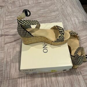 ON: 34th Black and Tan Striped Wedge Sandals